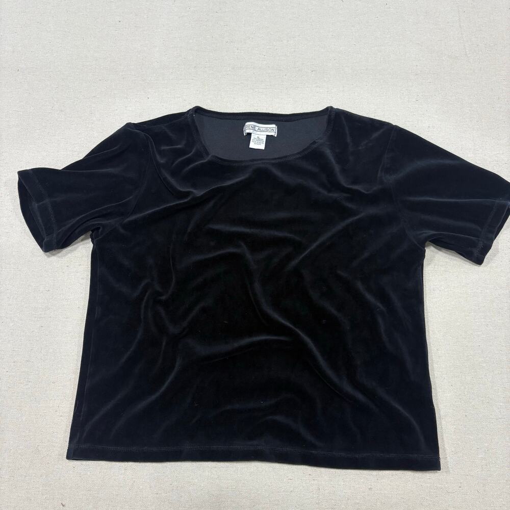 IRENE ALLISON Top XL Black Velour Stretch Scoop Neck Short Sleeve 80% Cotton Vtg
